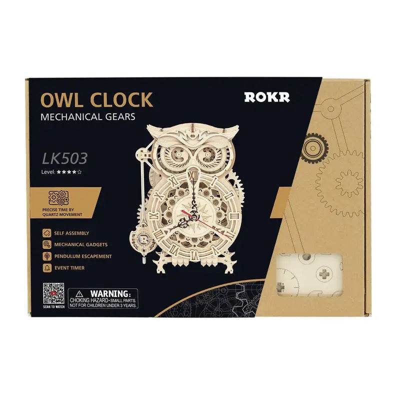 Owl Clock With Mechanical Gears - 3D Wooden Puzzle - PuzzleWunder
