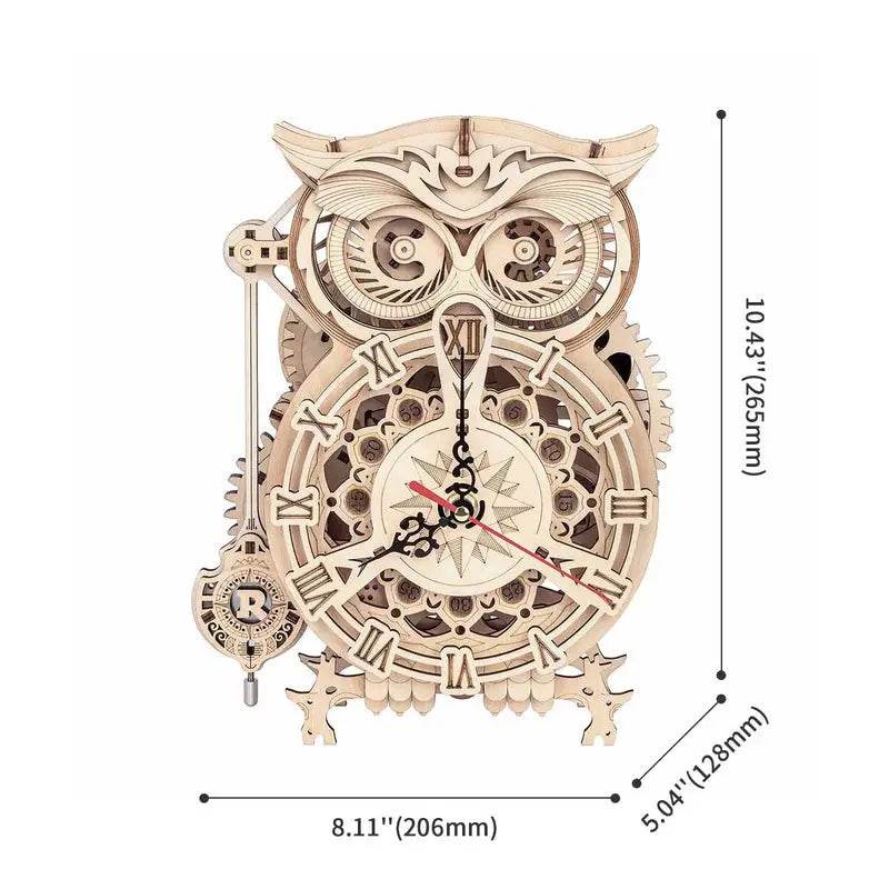 Owl Clock With Mechanical Gears - 3D Wooden Puzzle - PuzzleWunder