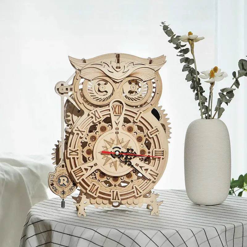 Owl Clock With Mechanical Gears - 3D Wooden Puzzle - PuzzleWunder