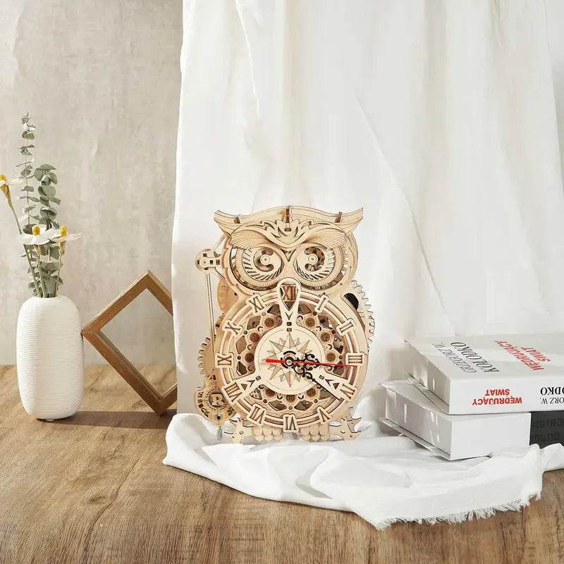 Owl Clock With Mechanical Gears - 3D Wooden Puzzle - PuzzleWunder